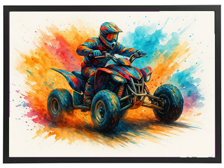 En dynamisk illustration af en person på en ATV, omgivet af sprøjt af farver.