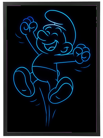 En lysende neonillustration af en glad karakter, der danser.