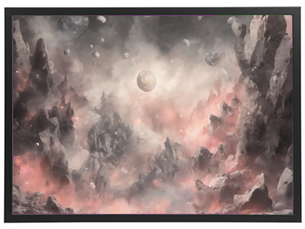 Et surrealistisk landskab med klippeformationer og svævende planeter i en tåget atmosfære.