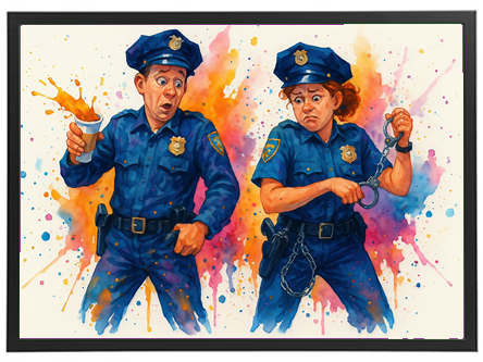 Et farverigt maleri af to politibetjente, den ene overrasket med en drink, den anden med håndjern.