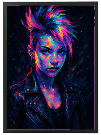 Et farverigt portræt af en ung person med punk-inspireret frisure og læderjakke.