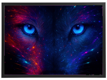 Et nærbillede af en ulvs ansigt, hvor øjnene stråler i blå nuancer mod en baggrund af farverige stjerner.