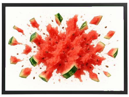 Et dynamisk billede af en vandmelon, der eksploderer med saft og skiver spredt rundt.