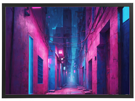 Et futuristisk gadebillede med neonlys og skygger i en smal gyde.