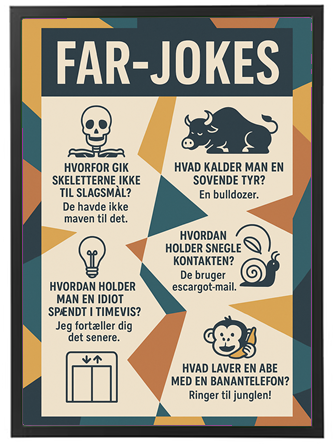 En samling af sjove far-jokes med forskellige illustrationer og spørgsmål.