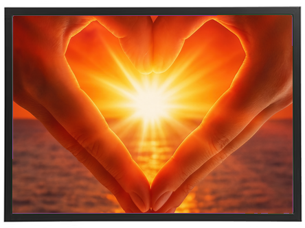 Hænder danner et hjerte omkring en strålende solnedgang over havet.