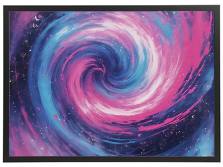 En abstrakt maleri, der viser en spiralformet galakse med nuancer af blå, pink og lilla.