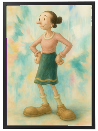 En glad tegneseriefigur står selvsikkert med hænderne i siden, iført en rosa bluse og grøn nederdel.