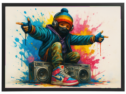 Et farverigt billede af en dreng i hip-hop stil, der sidder på en boombox med hovedtelefoner.