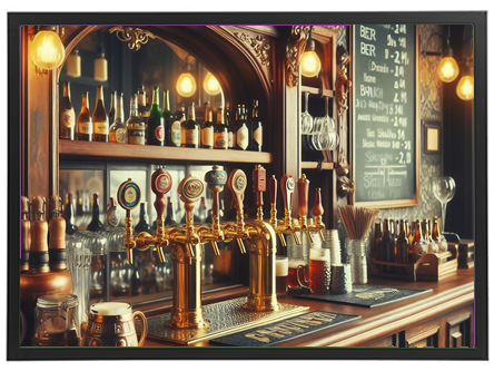 En stilfuld bar med træmøbler, øltapper og en tavle med drikkevarer.