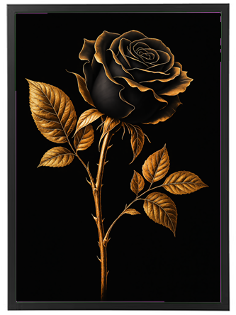 Et kunstnerisk billede af en sort rose med gyldne detaljer, præsenteret på en sort baggrund.