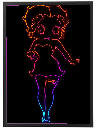 En neonlignende illustration af en karakter med store øjne og en kort kjole.