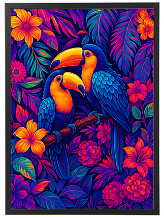 Et livligt billede af to tukaner omgivet af farverige blomster og blade.