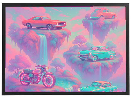 En farverig illustration med vintage biler og en motorcykel på svævende øer med vandfald.
