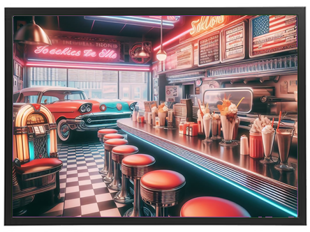 Et farverigt retro diner med neonlys, barstole og en vintage bil i baggrunden.