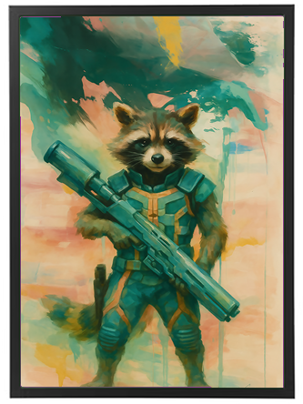 Et farverigt billede af et raketdyr iført futuristisk rustning og bevæbnet med et stort våben.