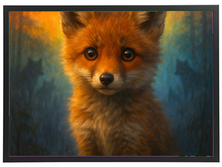 Et nærbillede af en ung ræv med store, nysgerrige øjne, omgivet af en mystisk skov.