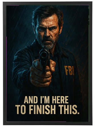 En intens scene med en FBI-agent, der truer med en pistol i regnvejr.