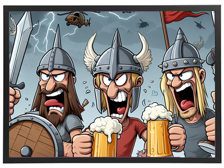 Tre tegneserie-vikinger holder ølkrus og råber, mens de står i et stormfuldt landskab.