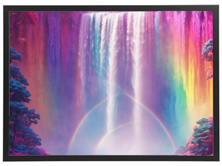 Et spektakulært vandfald omgivet af farverige træer og regnbuer i en drømmende atmosfære.