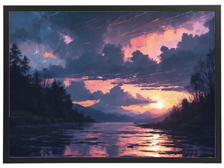 En smuk solnedgang over en rolig flod, omgivet af bjerge og træer, med farverige skyer.