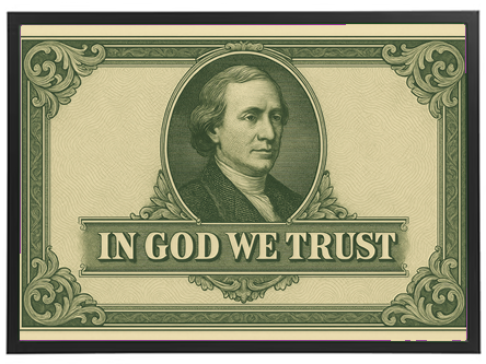 En gammel pengeseddel med teksten IN GOD WE TRUST og et portræt af en mand.