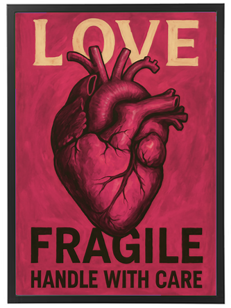 Et kunstværk med et hjerte og teksten LOVE og FRAGILE HANDLE WITH CARE.