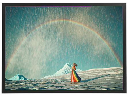 En kvinde i en farverig kjole står under en regnbue i et sneklædt bjerglandskab.