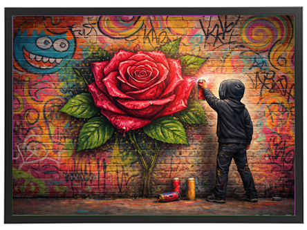 Et farverigt vægmaleri af en dreng, der maler en stor rød rose på en graffiti-dækket mur.