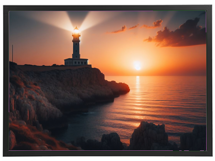 Et smukt fyrtårn lyser op ved kysten, mens solen går ned over havet.