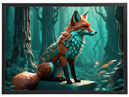 En stiliseret, farverig ræv står på en sten i en mystisk skov med grønne nuancer.