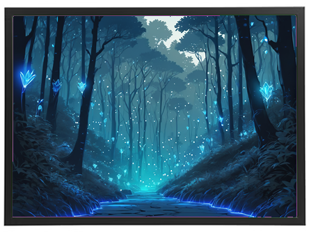 En mystisk skovscene med blålige lys og en glitrende sti, der skaber en drømmende atmosfære.