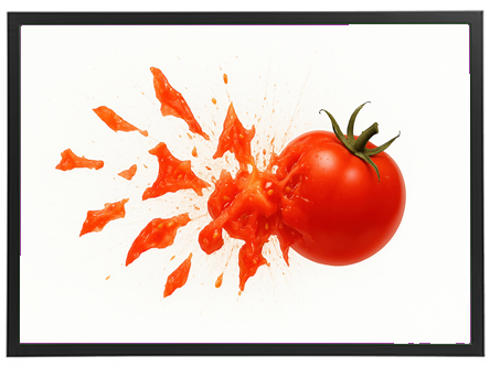 Et billede af en tomat, der eksploderer og sprøjter saft i alle retninger.
