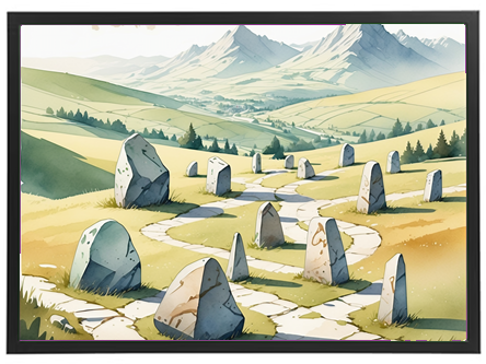 En fredfyldt udsigt over en stenlabyrint i et bjergrigt landskab.