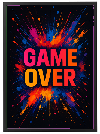 En livlig og farverig illustration med teksten GAME OVER i fokus, omgivet af sprøjt af farver.
