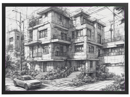 En skitse af en moderne bygning med detaljerede linjer og en bil parket foran.