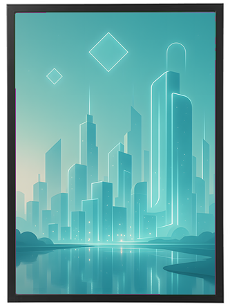 En stiliseret illustration af en futuristisk by med høje, oplyste bygninger og en spejlende vandflade.