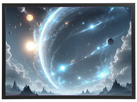 En betagende illustration af et univers med planeter, stjerner og skyer.