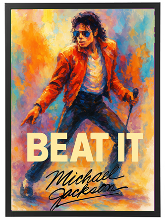 Farverig illustration af Michael Jackson i ikonisk stil fra Beat It musikvideoen.
