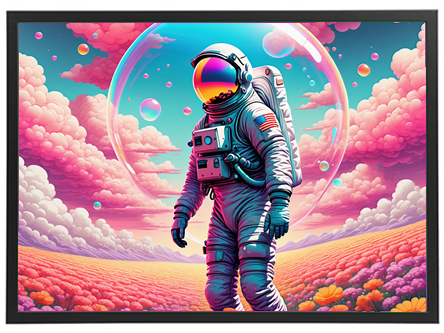 En astronaut går gennem en farverig, drømmende landskab med skyer og bobler.