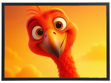 En glad, rød fugl med store øjne, der smiler mod kameraet i en varm solnedgang.