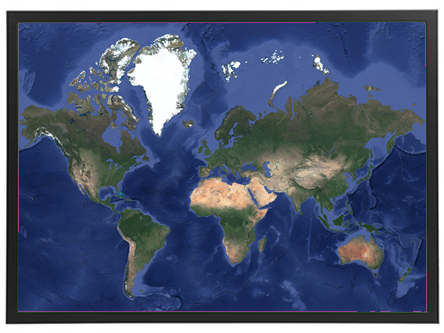 Et detaljeret satellitbillede af jorden, der viser kontinenter og oceaner.