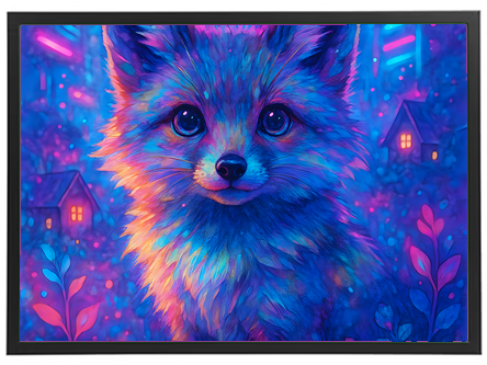 Et livligt og farverigt billede af en ræv i en drømmende skov med lysende huse.