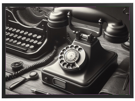 Et sort-hvidt billede af en gammeldags telefon og skrivemaskine på et skrivebord.