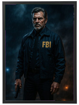 En FBI-agent står resolut i regnen, iført en jakke med FBI-logo og holder en pistol.