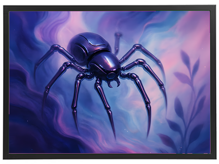 En surrealistisk edderkop svæver i et drømmende landskab med farverige nuancer.