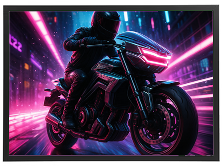 En motorcyklist i sort udstyr kører gennem en futuristisk by med neonfarver.