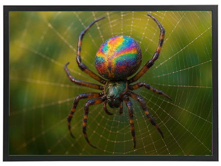 Et nærbillede af en farverig edderkop, der hænger i sit spind med en sløret baggrund.