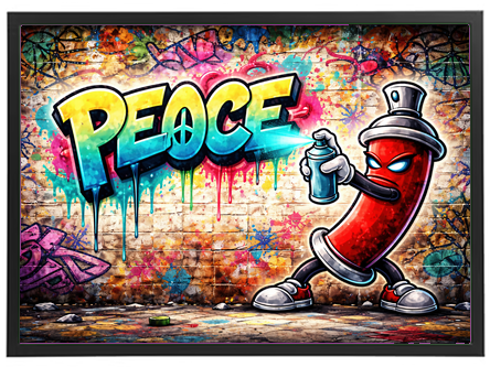Et livligt graffiti-værk med en spraydåse, der maler ordet PEACE på en mur.