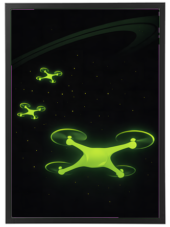 Illustration af grønne droner, der svæver i et stjernet univers.